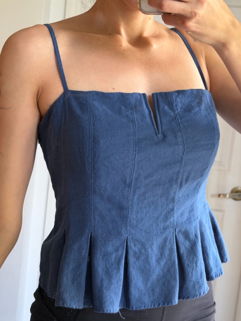 Blue Spaghetti-Strap Preppy Coastal Linen Cotton Blend Peplum Top Size 6